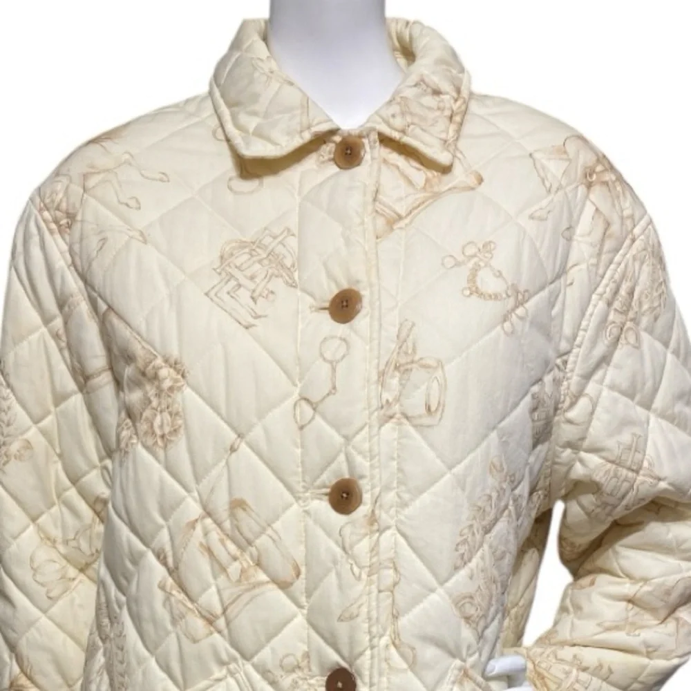 Lauren Ralph Lauren Quilted Cream Equestrian Print Button Utility Jacket Medium
